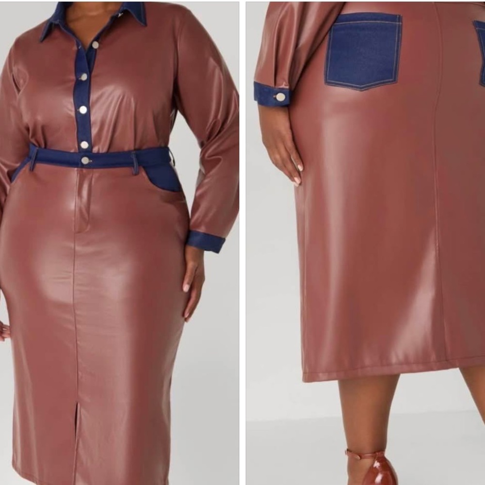 Elegant Brown Leather 2pc Skirt Set